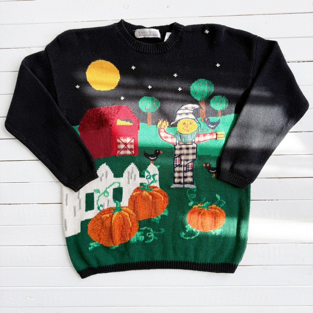 Halloween sweater 90s vtg Karen Scott scarecrow farm pumpkin‎ sweater size M
